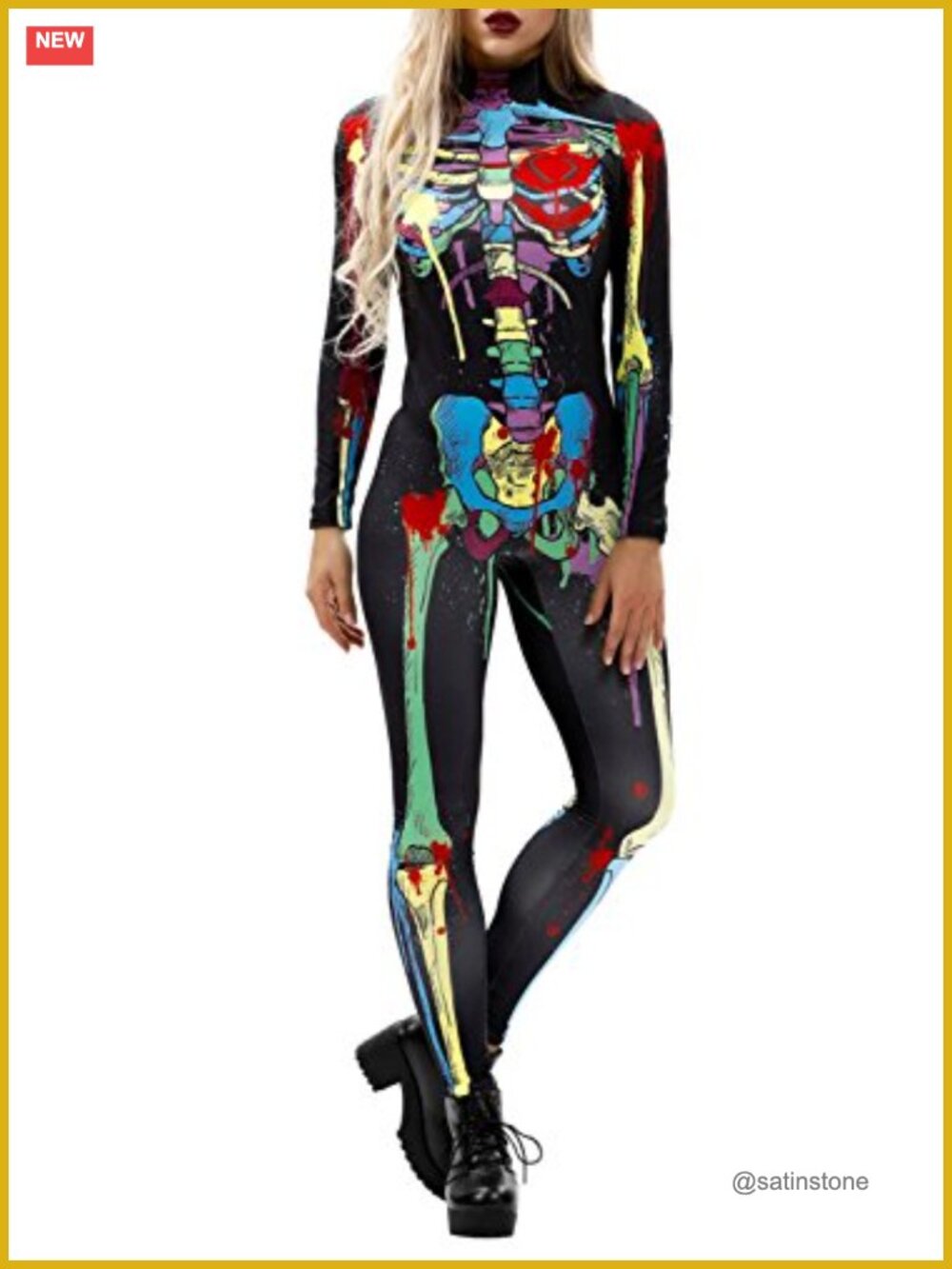 Skull Print Long Sleeve Bodycon Jumpsuit Halloween Costume